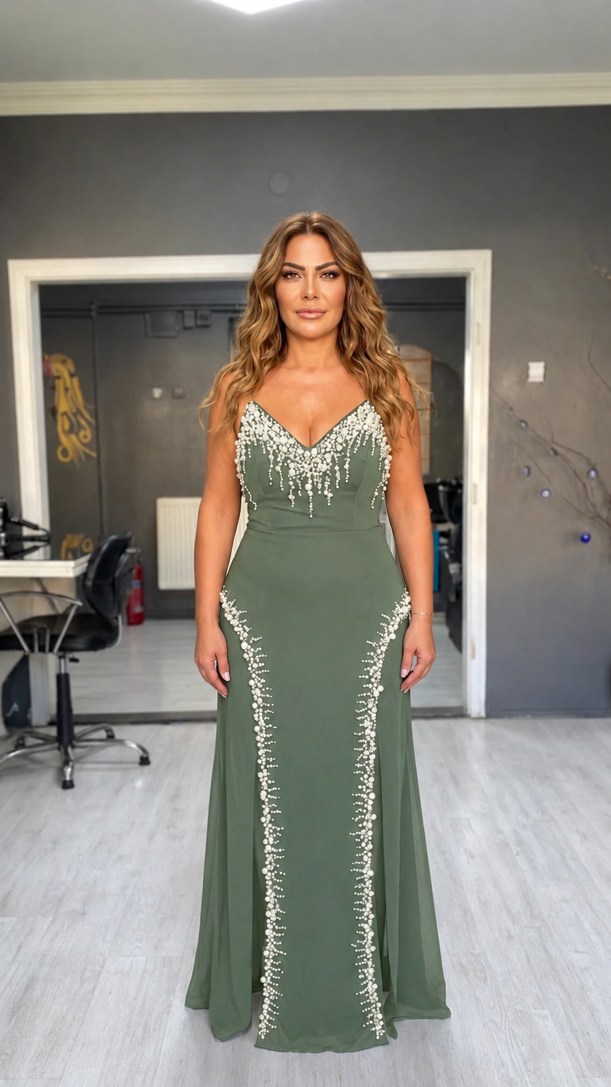 Woman wearing sage green pearl-embellished spaghetti strap evening maxi gown