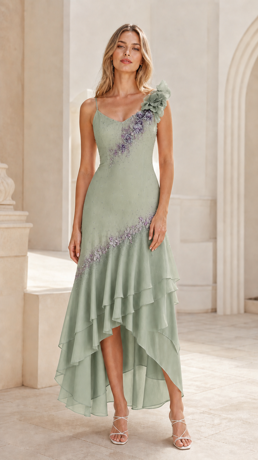 Sage green high-low ruffle evening gown with beaded floral applique