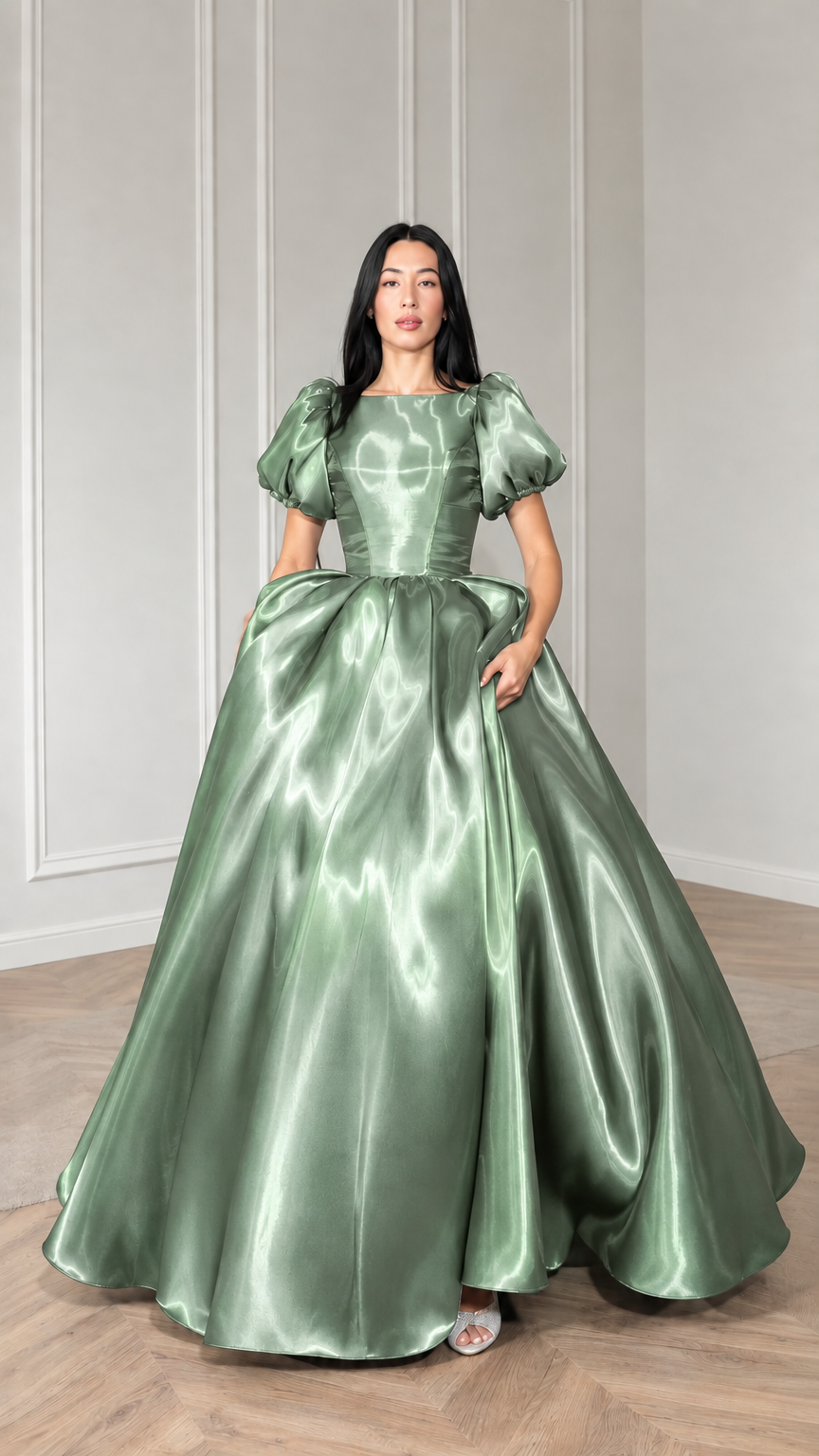 Front view of model wearing sage green satin puff sleeve ball gown
