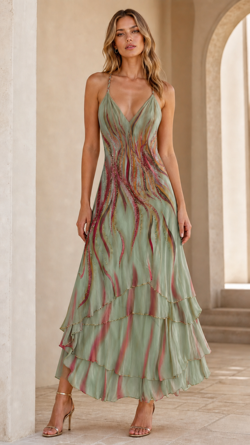 Woman wearing Sage Green abstract pattern tiered ruffle maxi dress