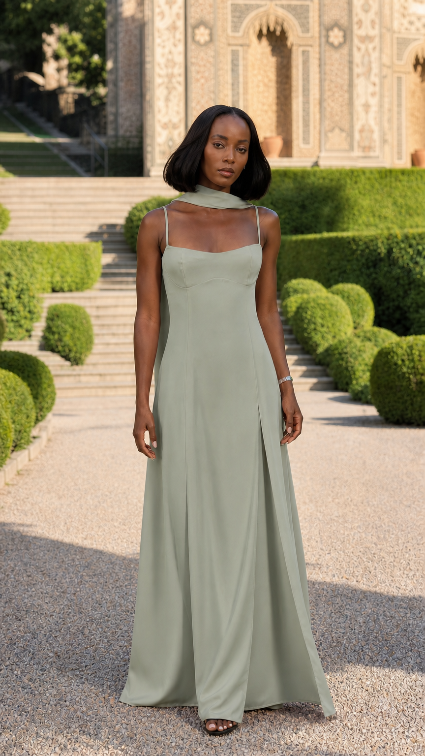 Woman wearing sage green spaghetti strap floor-length evening dress with scarf