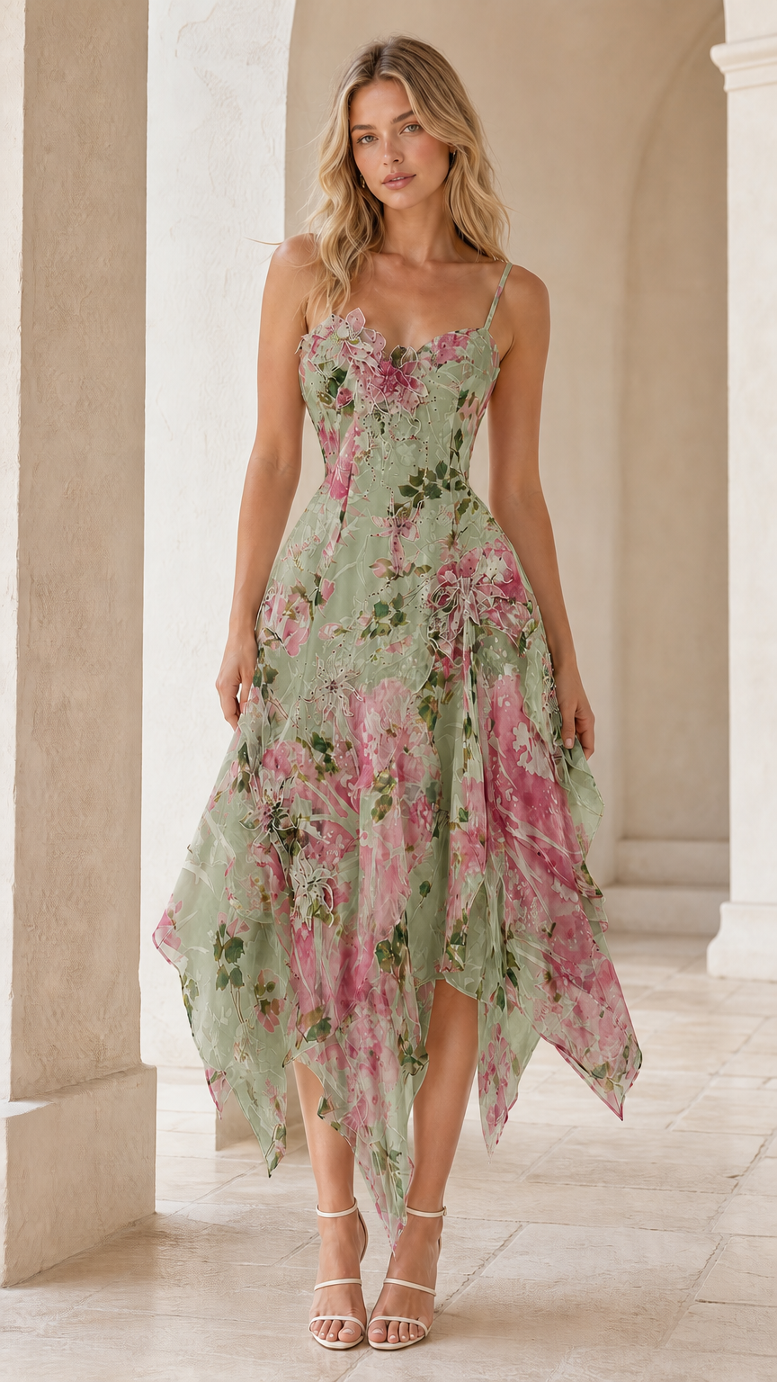 Model wearing sage green floral asymmetric handkerchief midi dress