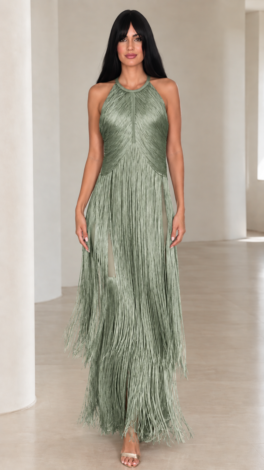 Full front view of sage green halter neck tiered fringe maxi dress