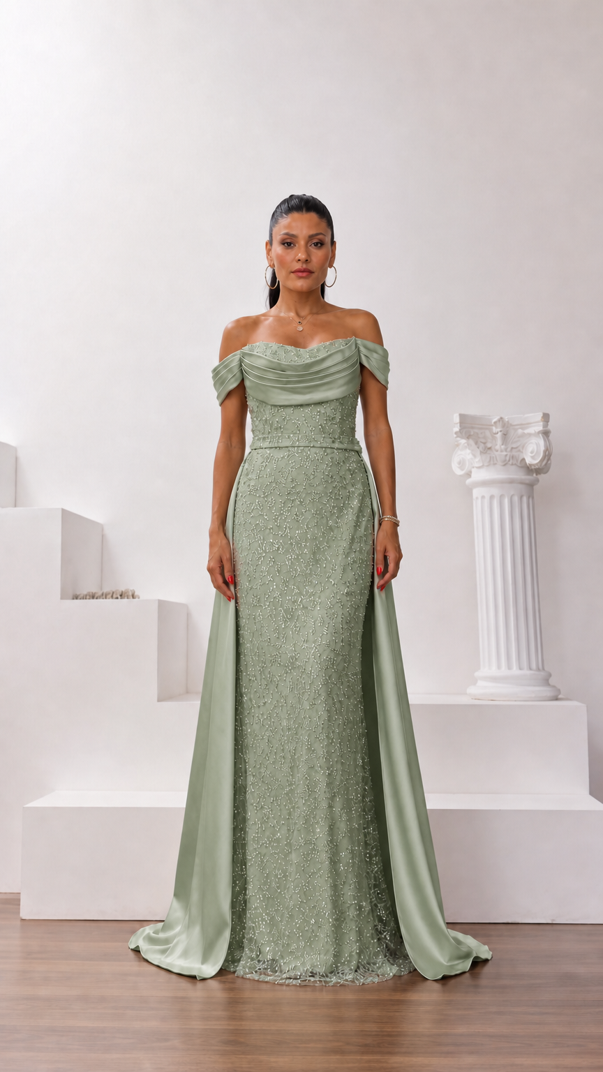 Sage green off-the-shoulder sequin evening gown with draped satin overskirt