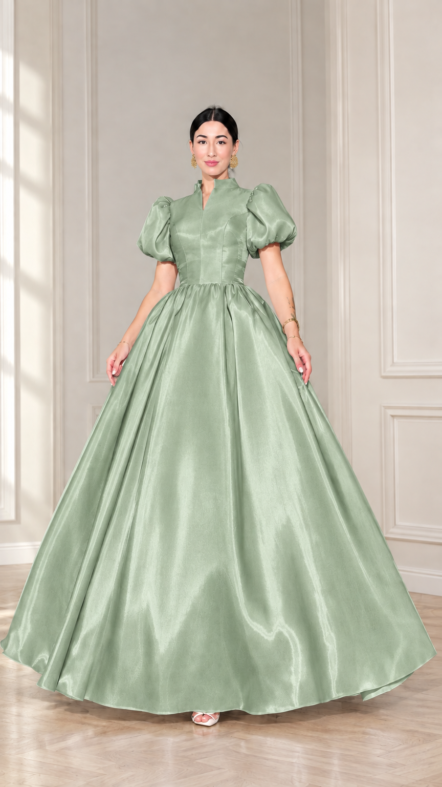 Sage green high neck puff sleeve satin maxi gown