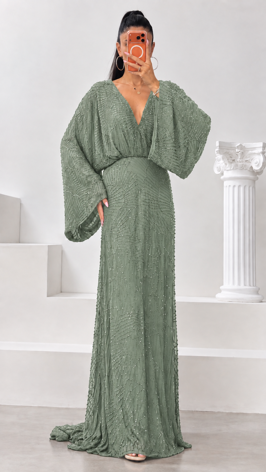 Sage green beaded batwing sleeve evening dress with plunge neckline