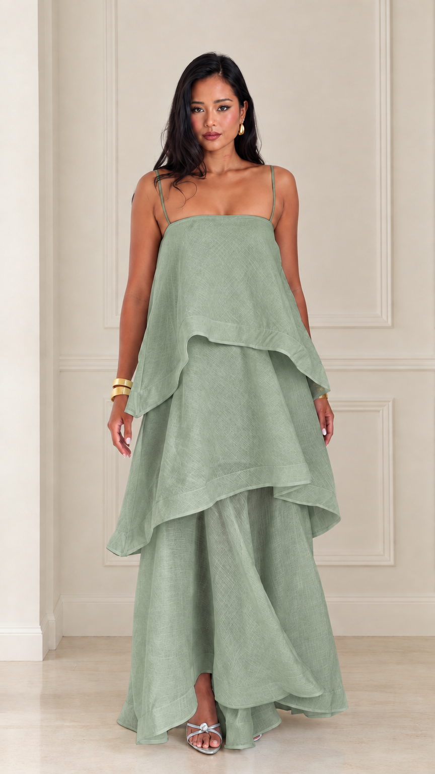 Front view of woman wearing sage green tiered spaghetti strap maxi dress
