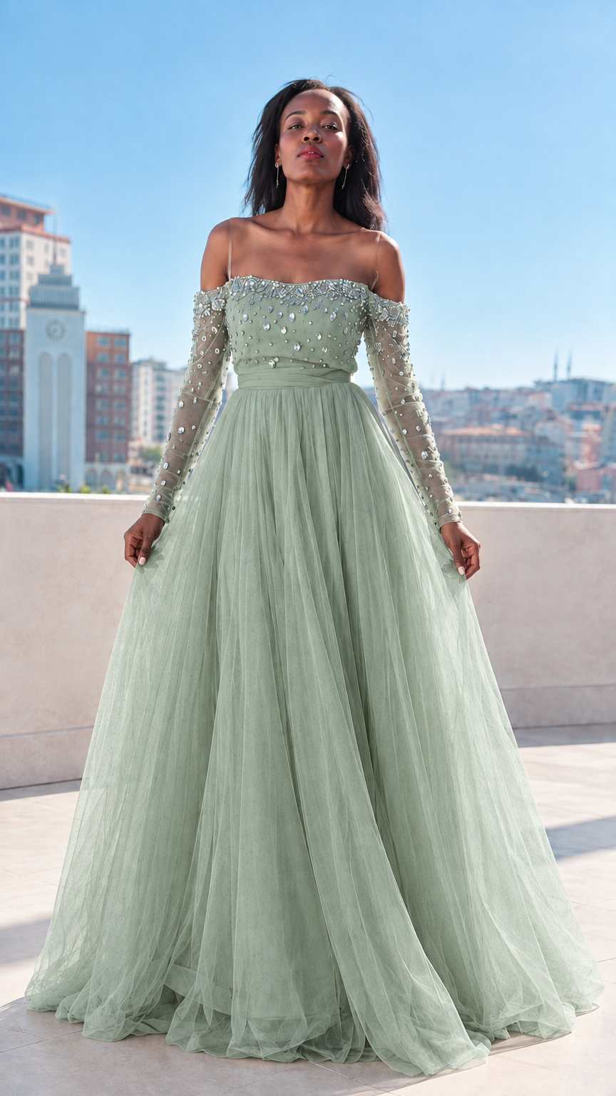 Front full-length view of sage green rhinestone off-the-shoulder tulle ball gown