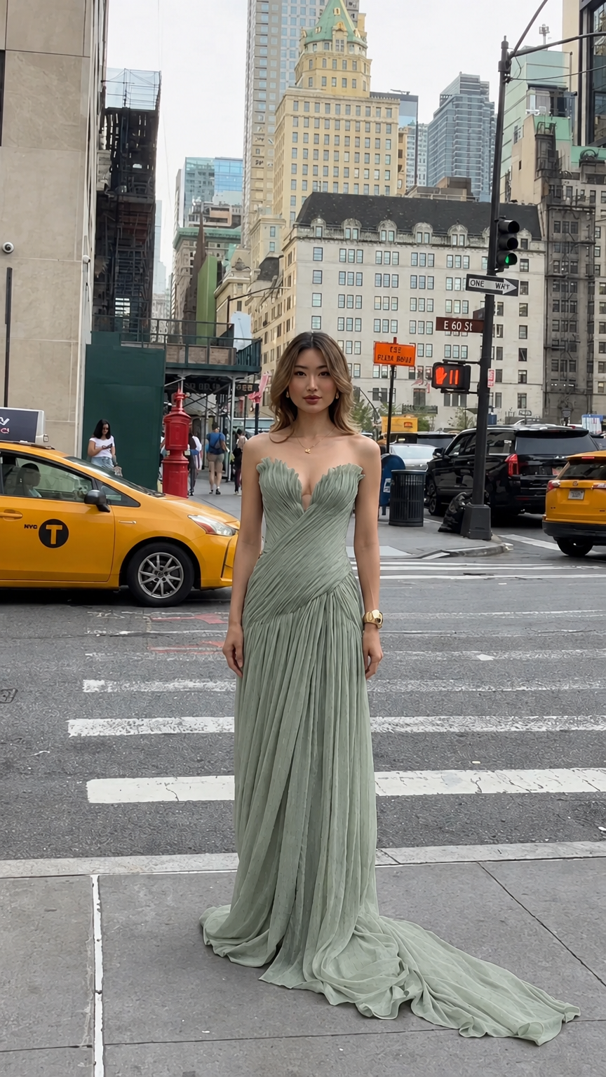 Front full-length view of woman in sage green strapless pleated chiffon formal gown