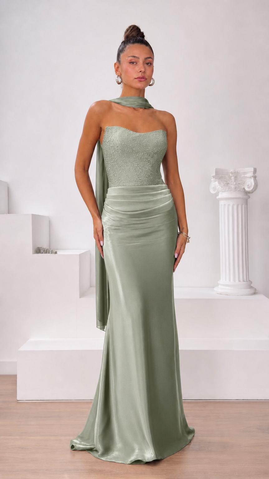 Sage green strapless embellished corset evening gown with elegant neck scarf