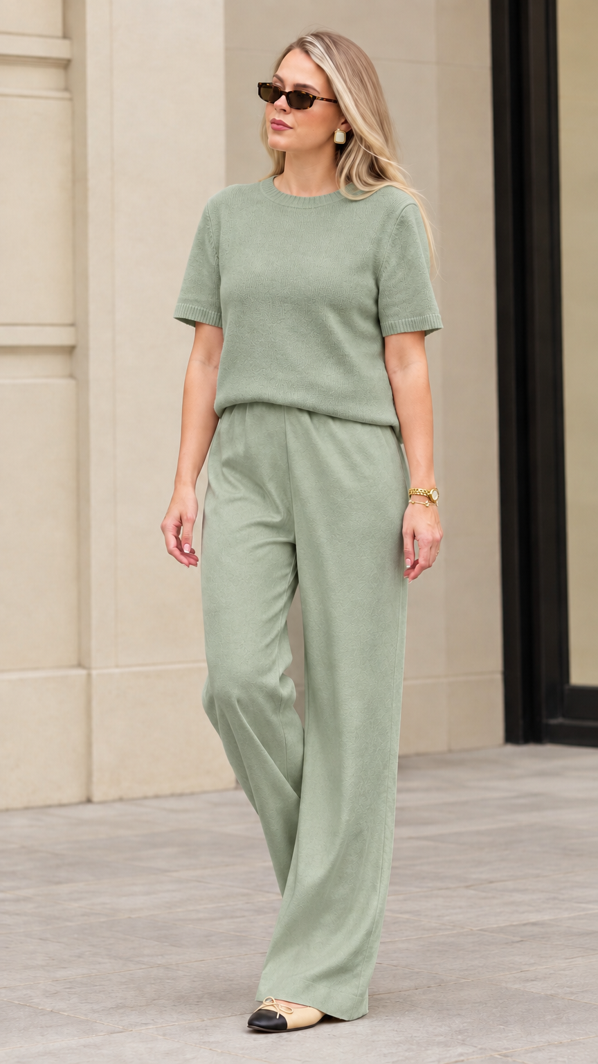 Women's sage green textured knit short sleeve top and wide leg matching lounge set