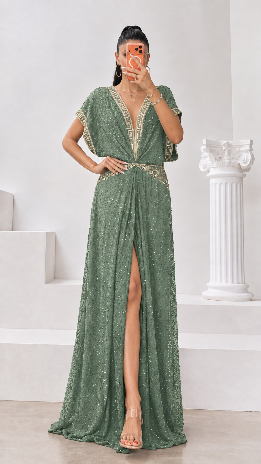 Sage green glitter maxi dress with gold embroidered V-neck and waist detailing