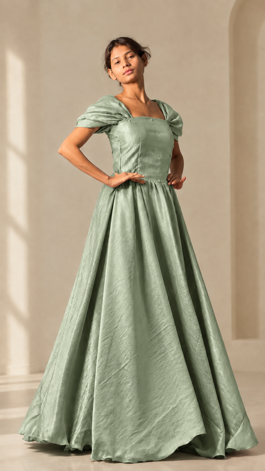 Full-length front view of model wearing sage green puff sleeve square neck evening gown