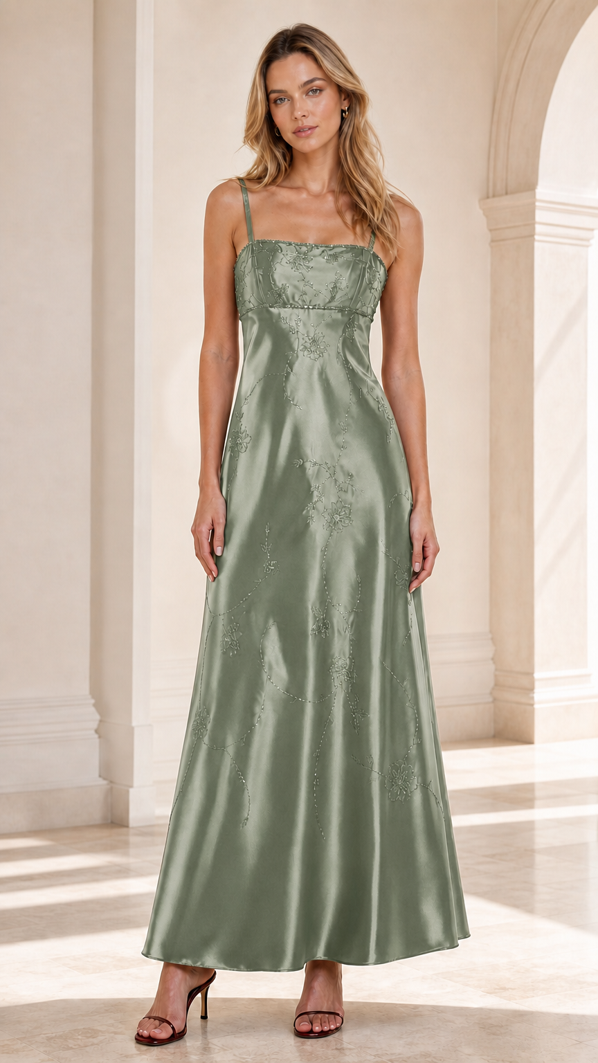 Front view of woman wearing Sage Green embroidered satin maxi evening dress