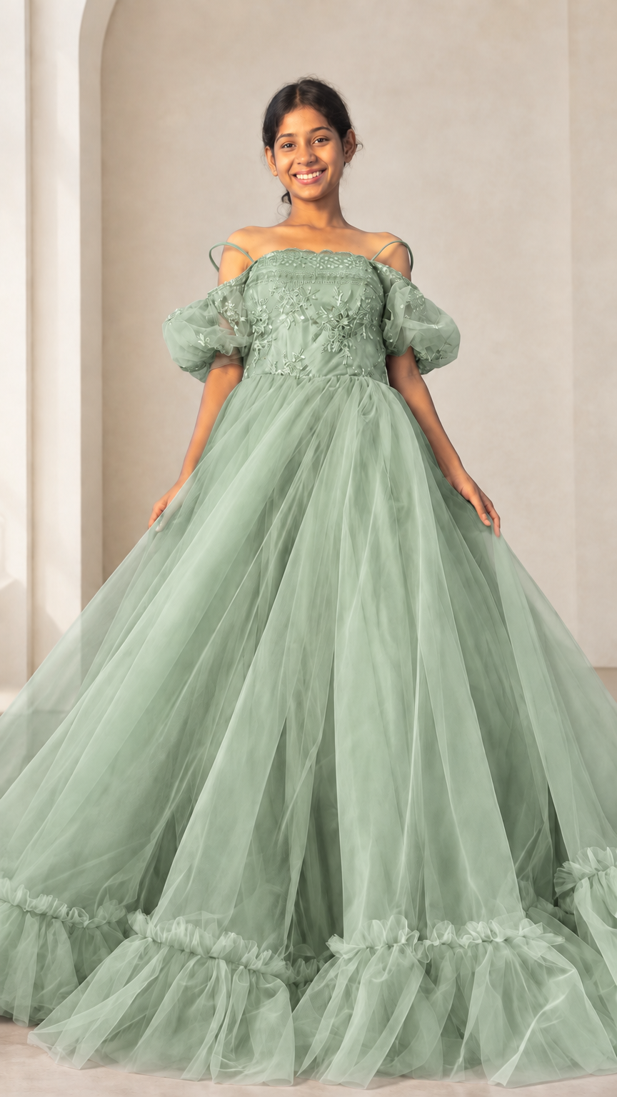 Full front view of sage green embroidered off-shoulder tulle ballgown