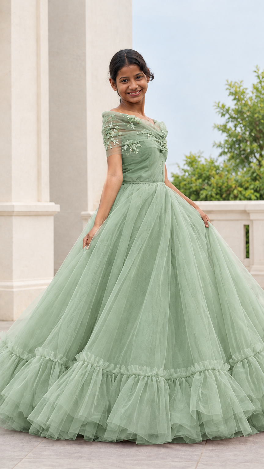 Full front view of a woman wearing a sage green embroidered tulle ball gown