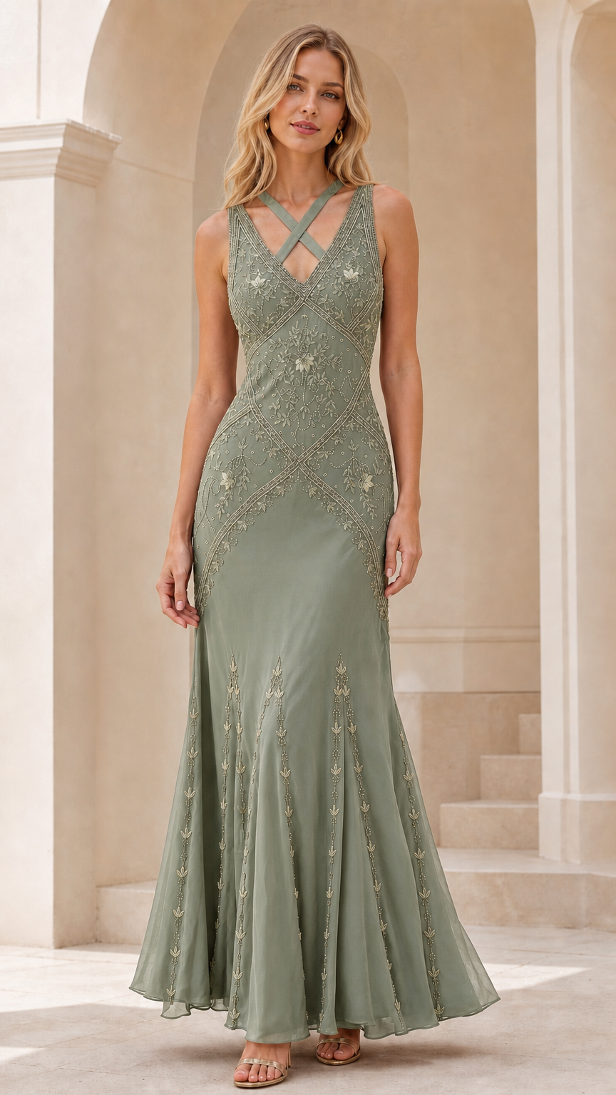 Front view of sage green beaded crisscross strap evening gown