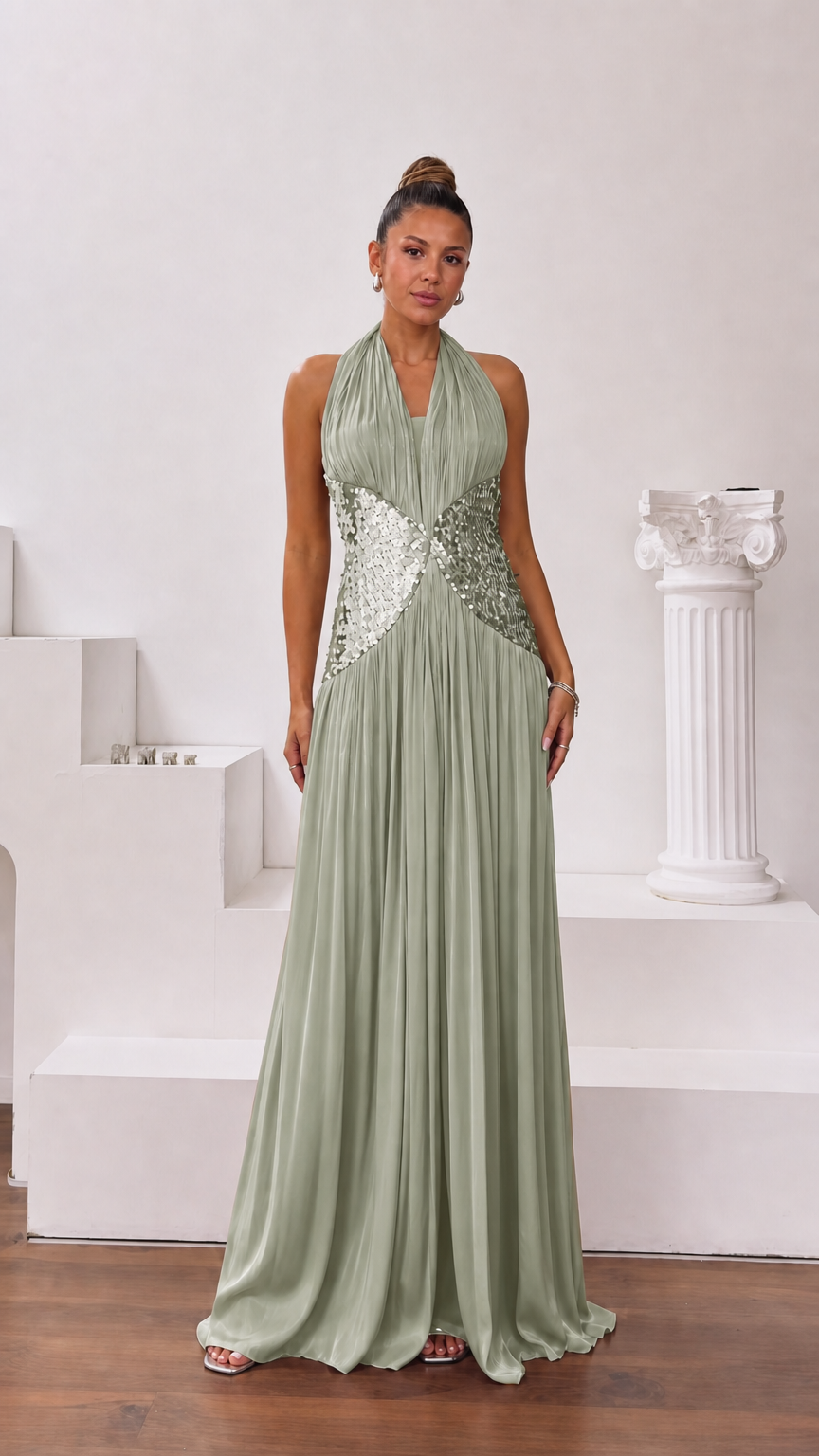 Sage green pleated halter evening dress with matching sequined waist