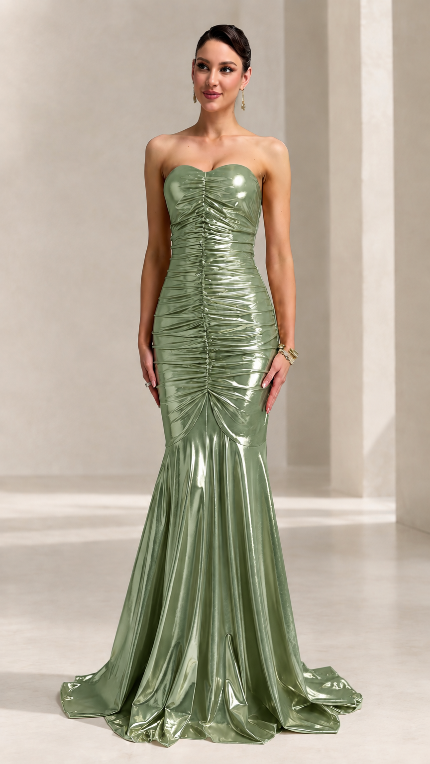 Front view of model wearing the strapless sage green metallic ruched mermaid evening gown
