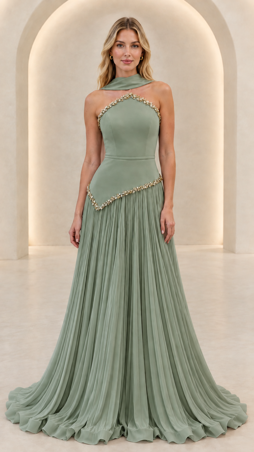 Front view of sage green pleated halter evening dress with crystal trim