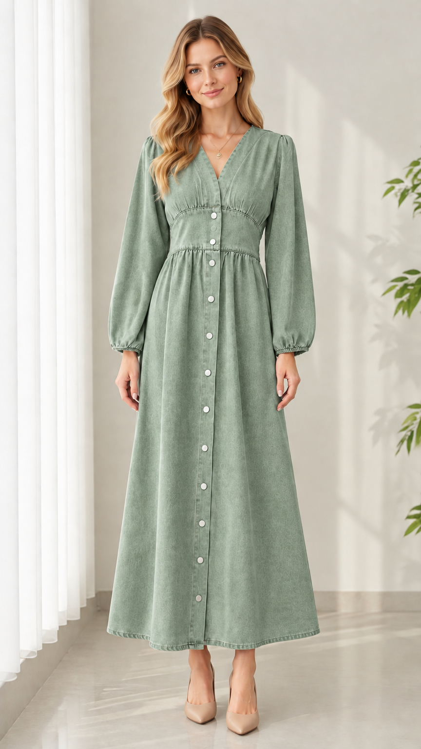 Front view of model wearing Sage Green long sleeve button-front denim maxi dress