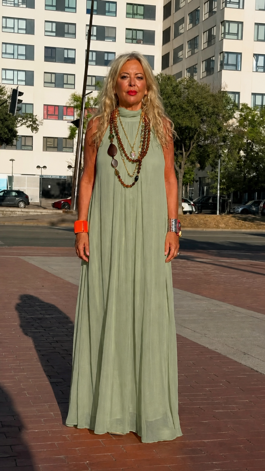 Front full-length view of woman wearing sage green high neck sleeveless chiffon maxi dress