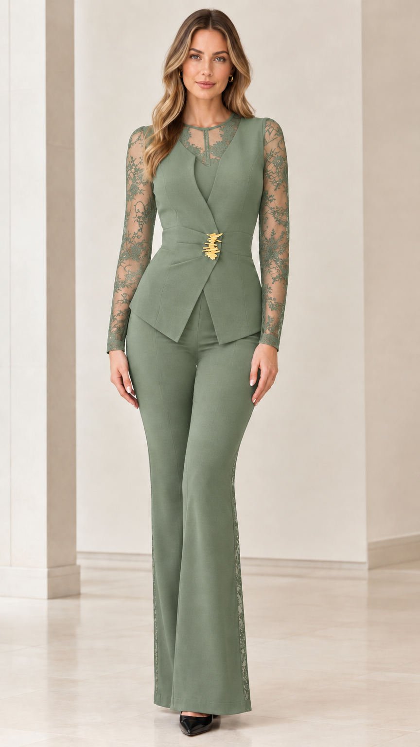 Front view of sage green two-piece pant suit with matching lace sleeves and flare pants