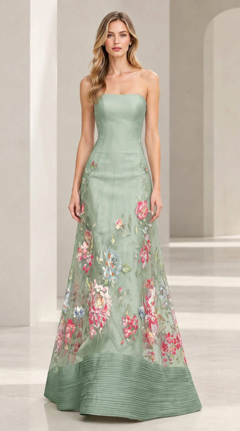 Full front view of sage green strapless floral embroidered evening gown