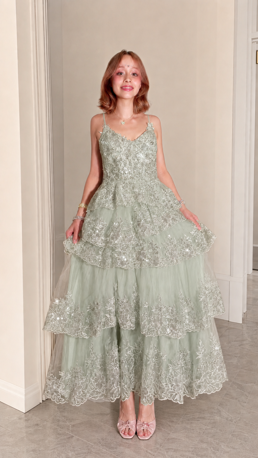 Sage Green Sequined Tiered Tulle Maxi Evening Gown Front View