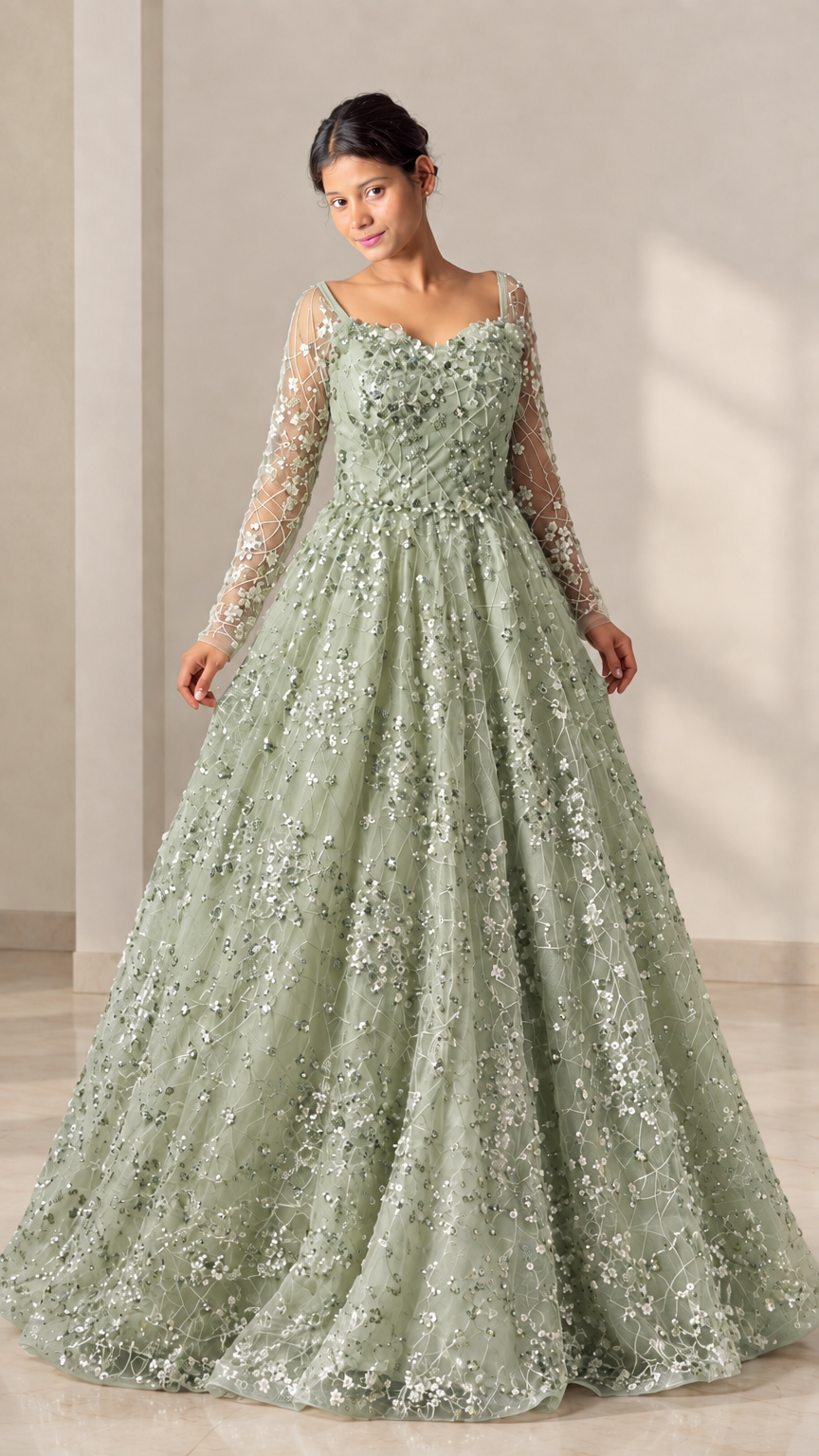 Sage green sequin floral long sleeve evening dress front view