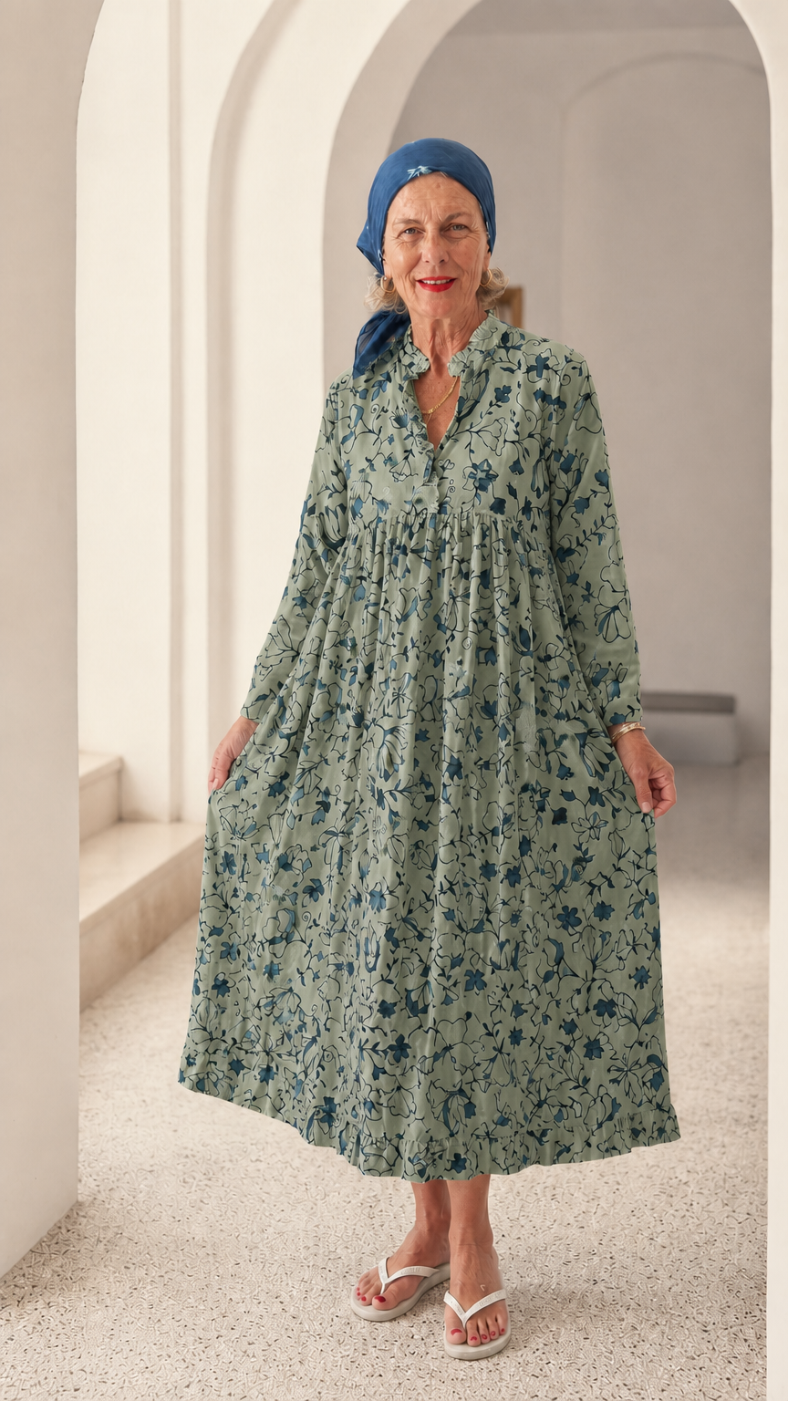 Front view of woman wearing Sage Green floral long sleeve midi dress