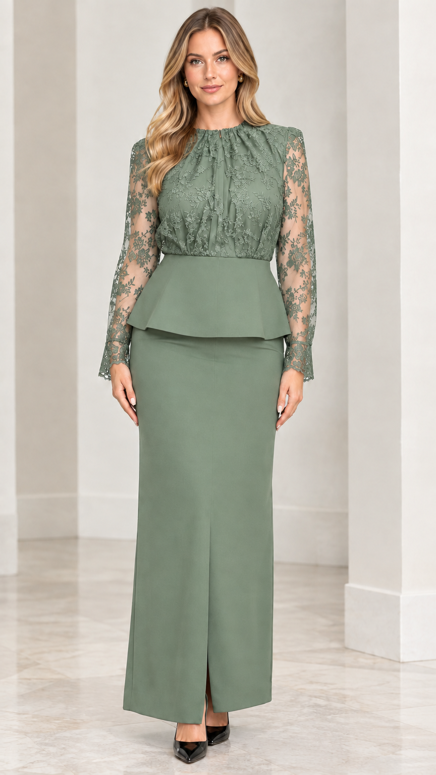 Model wearing sage green lace peplum long sleeve top and maxi skirt set