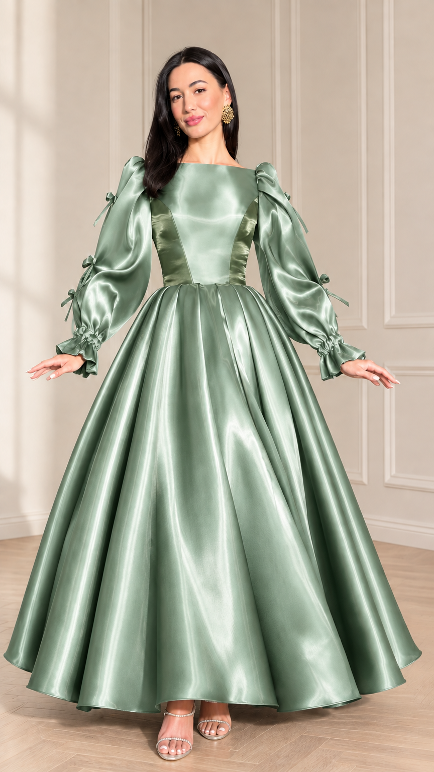 Front full-length view of sage green satin ball gown with puff sleeves