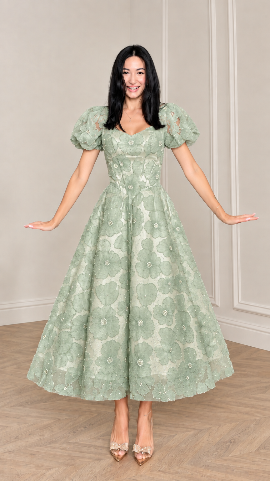 Front view of woman wearing Sage Green floral applique puff sleeve midi dress