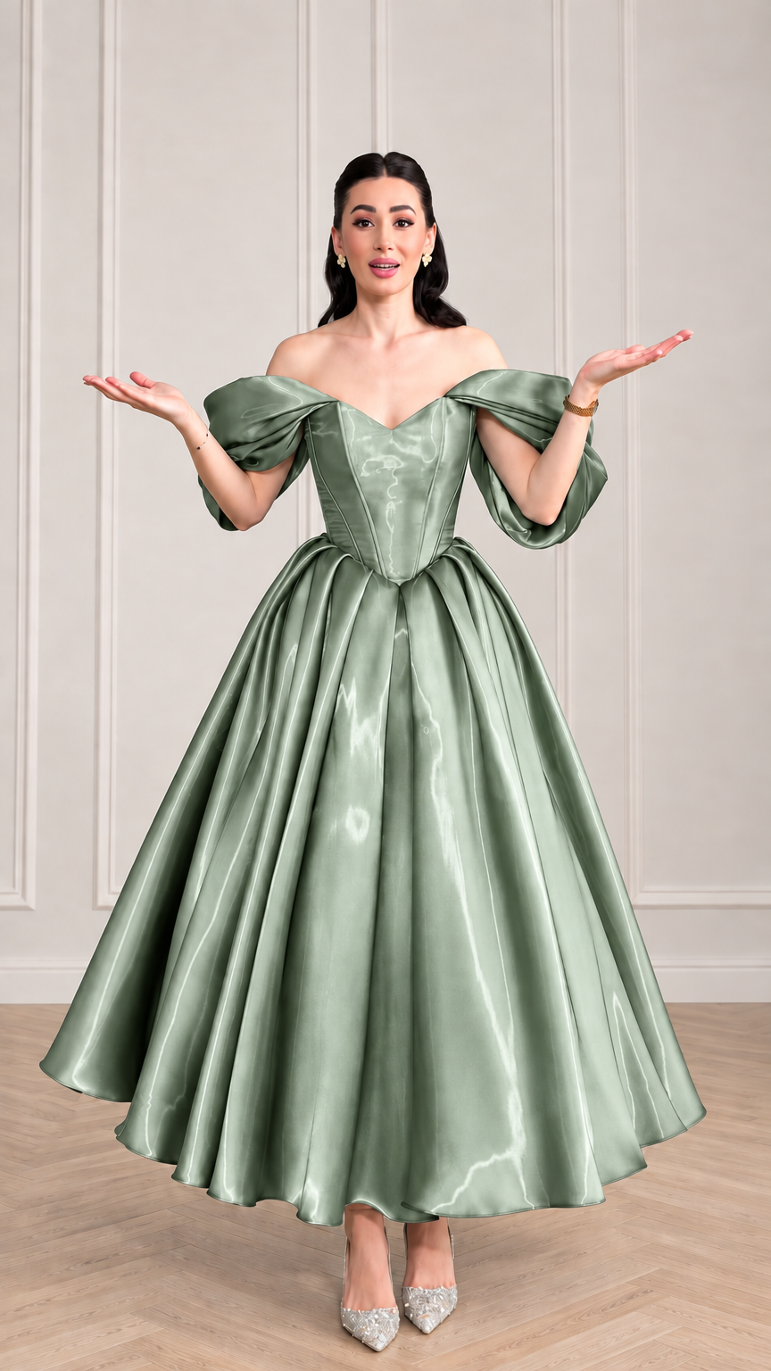 Woman wearing sage green off-the-shoulder satin corset evening dress
