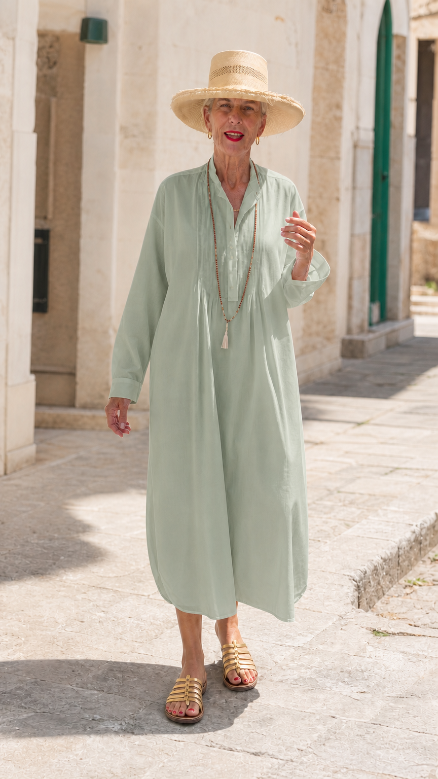 Sage green relaxed long sleeve pintuck shirt dress on model