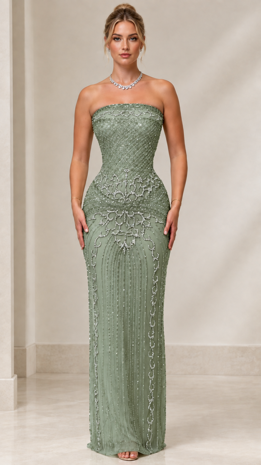 Front view of sage green strapless beaded evening gown