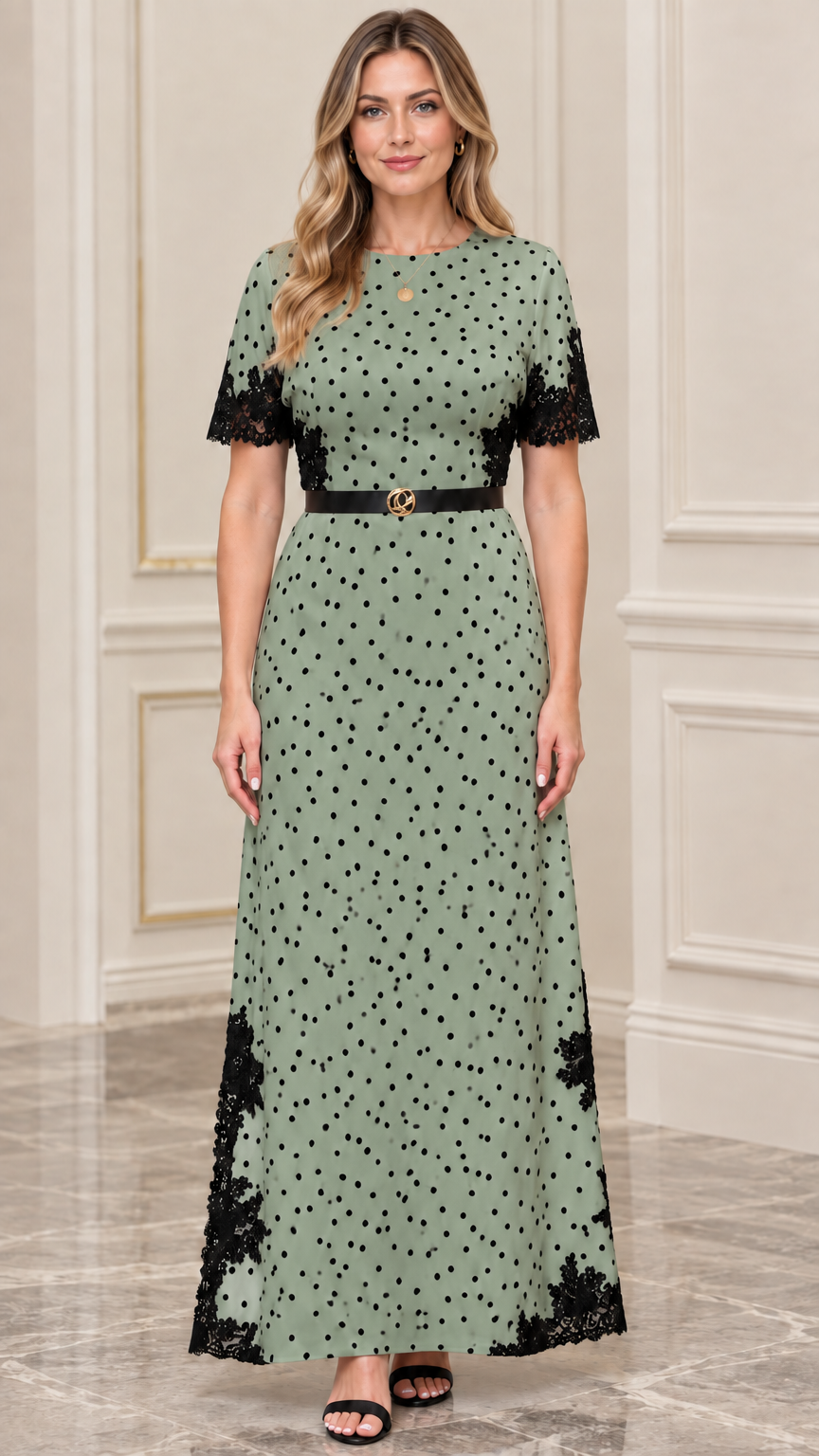 Sage green polka dot maxi dress with black lace trim and waist belt