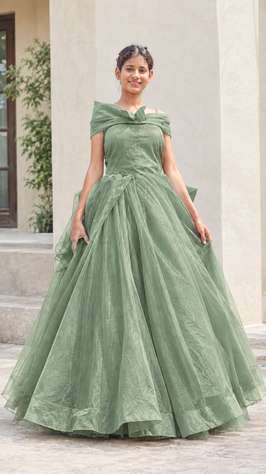 Front view of model wearing sage green off-the-shoulder tulle ball gown