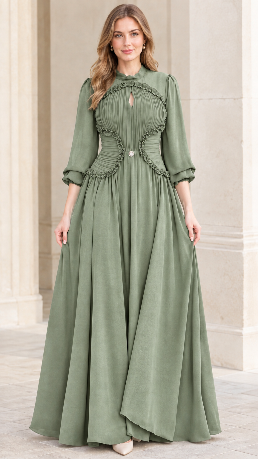 Sage green long sleeve pleated evening maxi dress front view