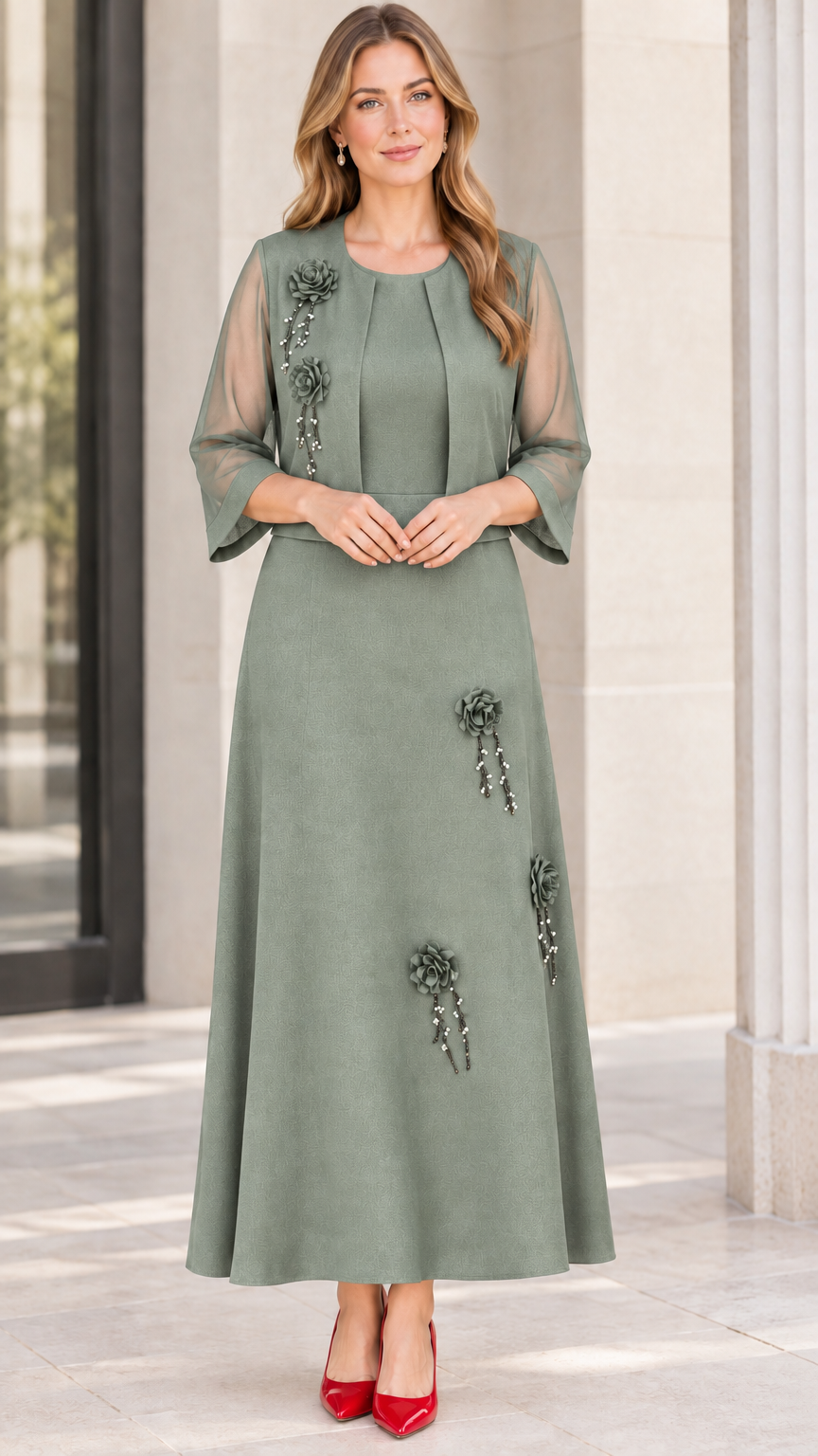 Sage green mother of the bride dress set with matching bolero jacket