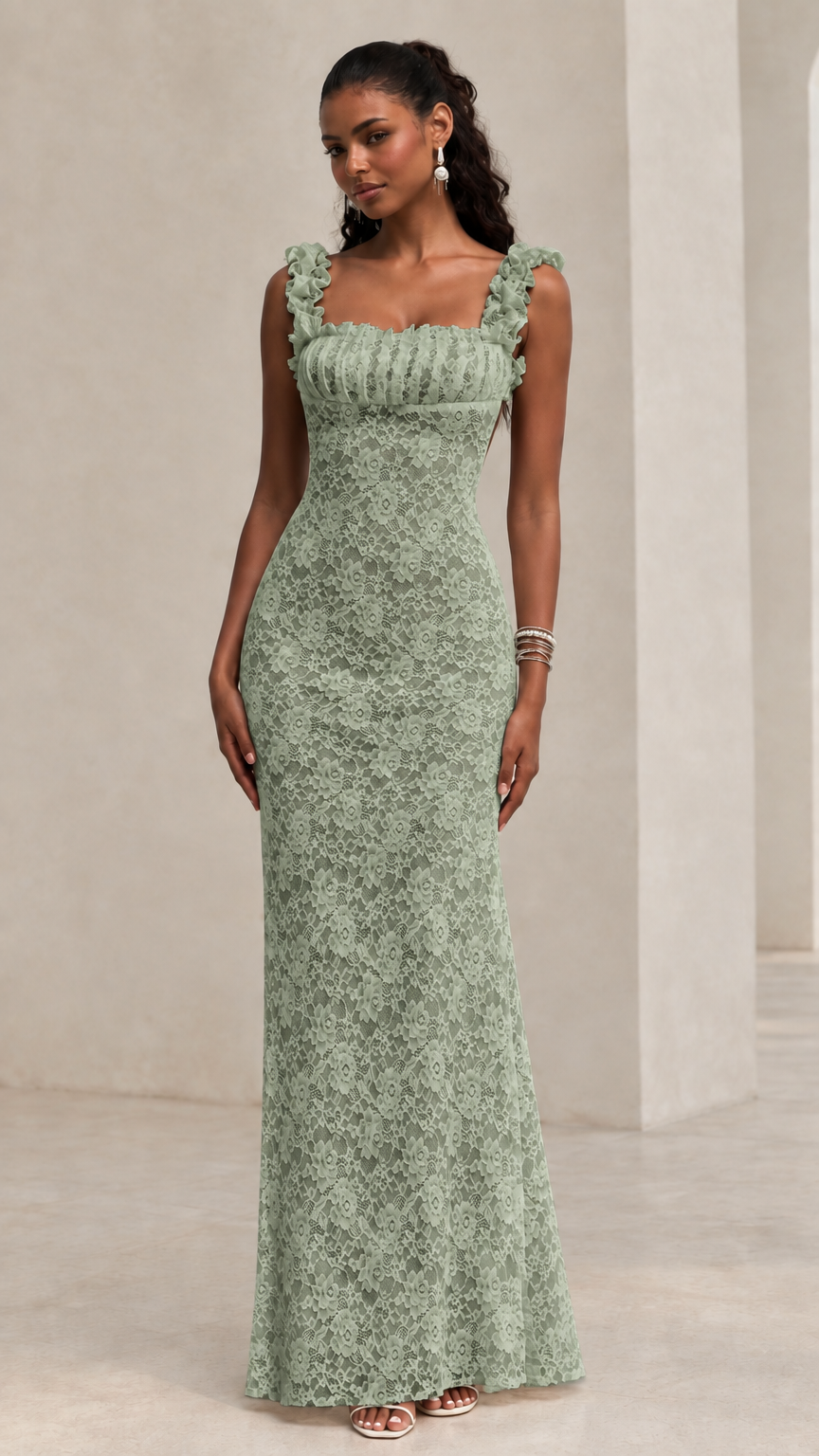 Sage green floral lace sleeveless maxi dress with ruffled straps on model front view