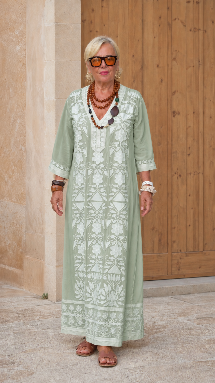 Front view of woman wearing sage green embroidered kaftan maxi dress
