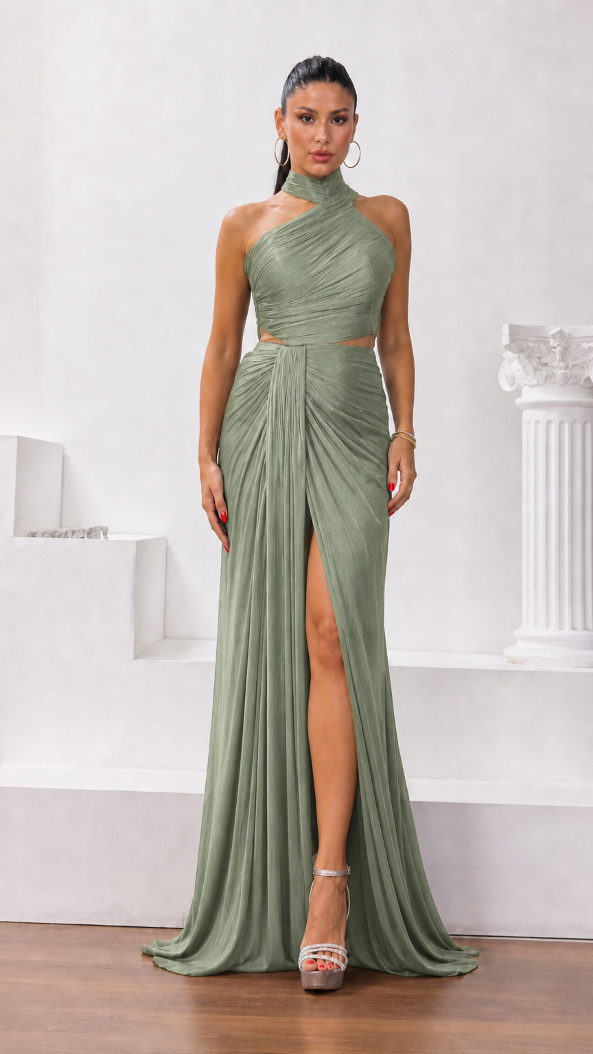Sage green halter neck ruched maxi formal gown with leg slit