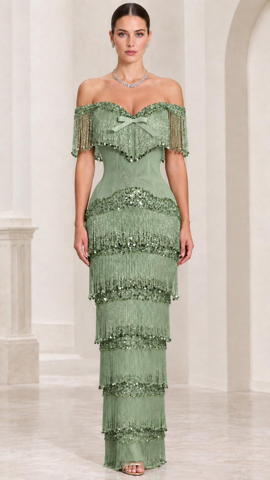 Model wearing sage green off-shoulder tiered fringe sequin formal gown
