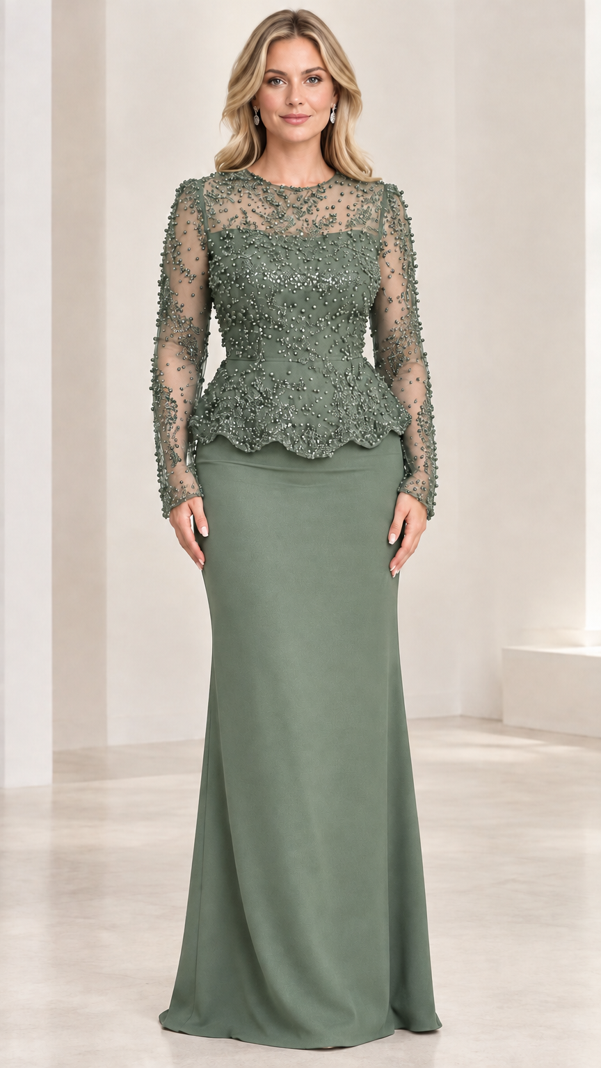 Front view of sage green long sleeve beaded peplum formal dress