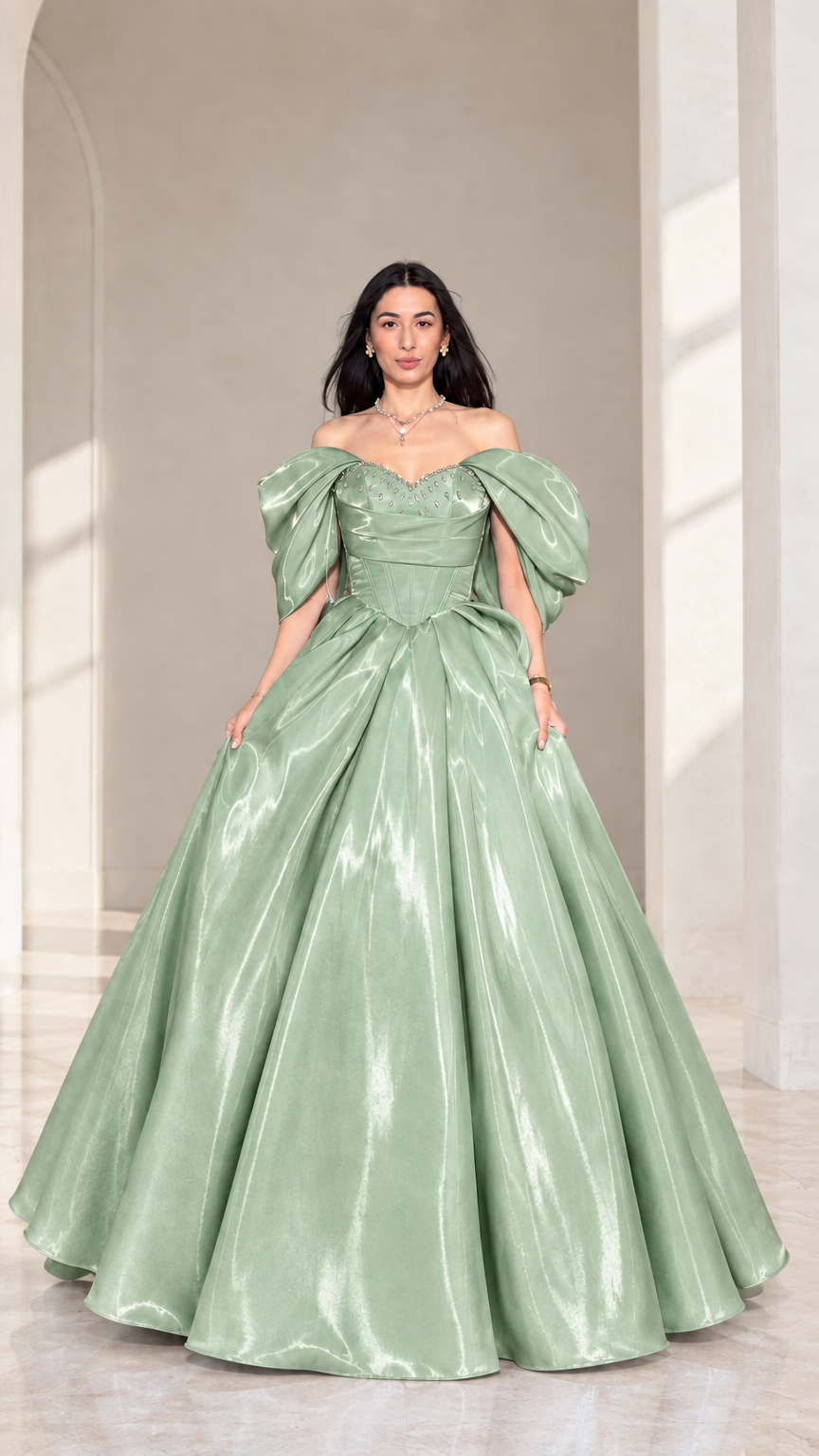 Front view of model wearing sage green off-shoulder beaded corset ball gown