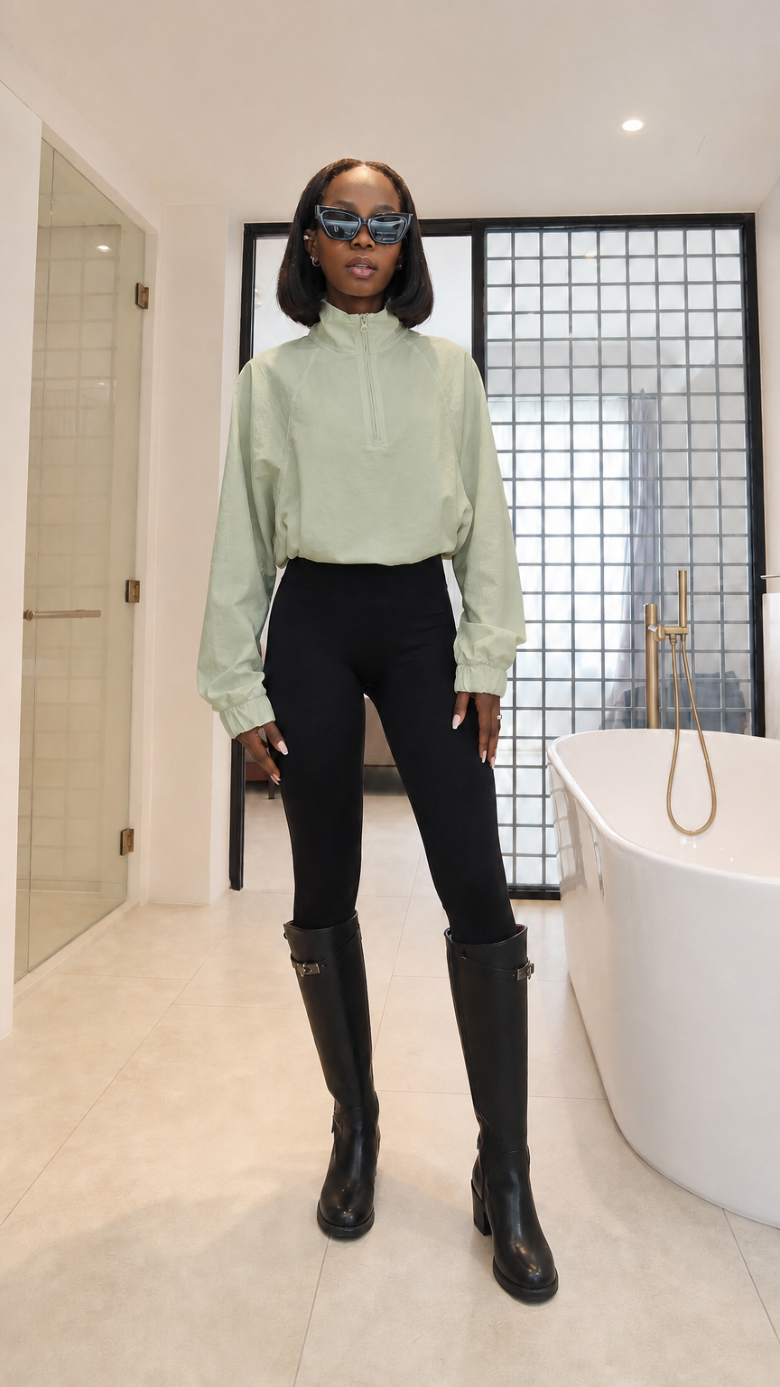 Woman wearing sage green half-zip windbreaker pullover jacket