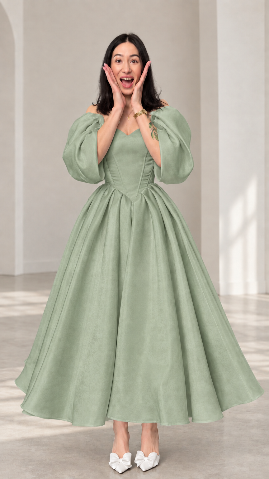 Front view of a woman wearing a sage green off-shoulder puff sleeve ball gown