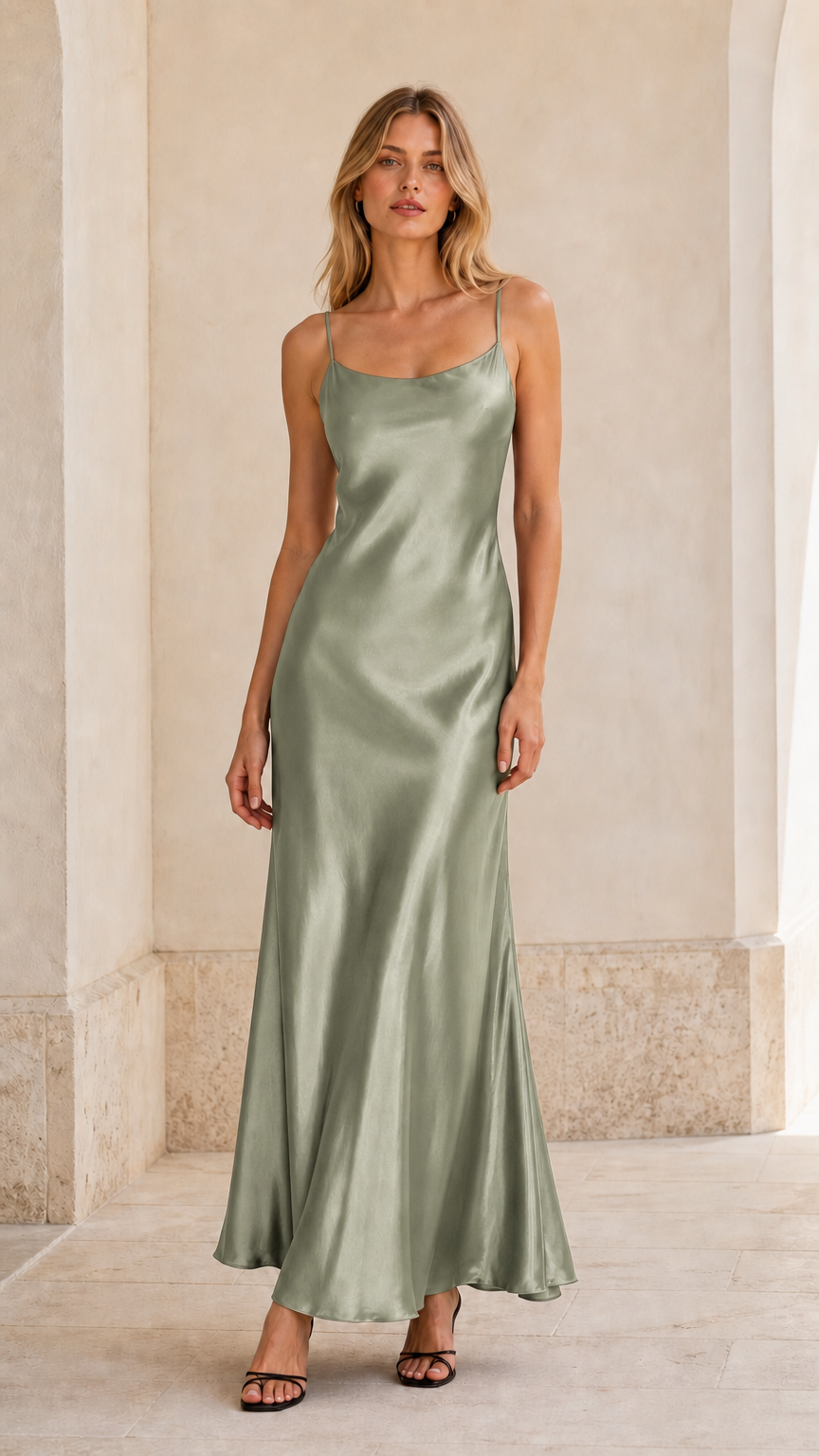 Front view of sage green satin maxi slip dress